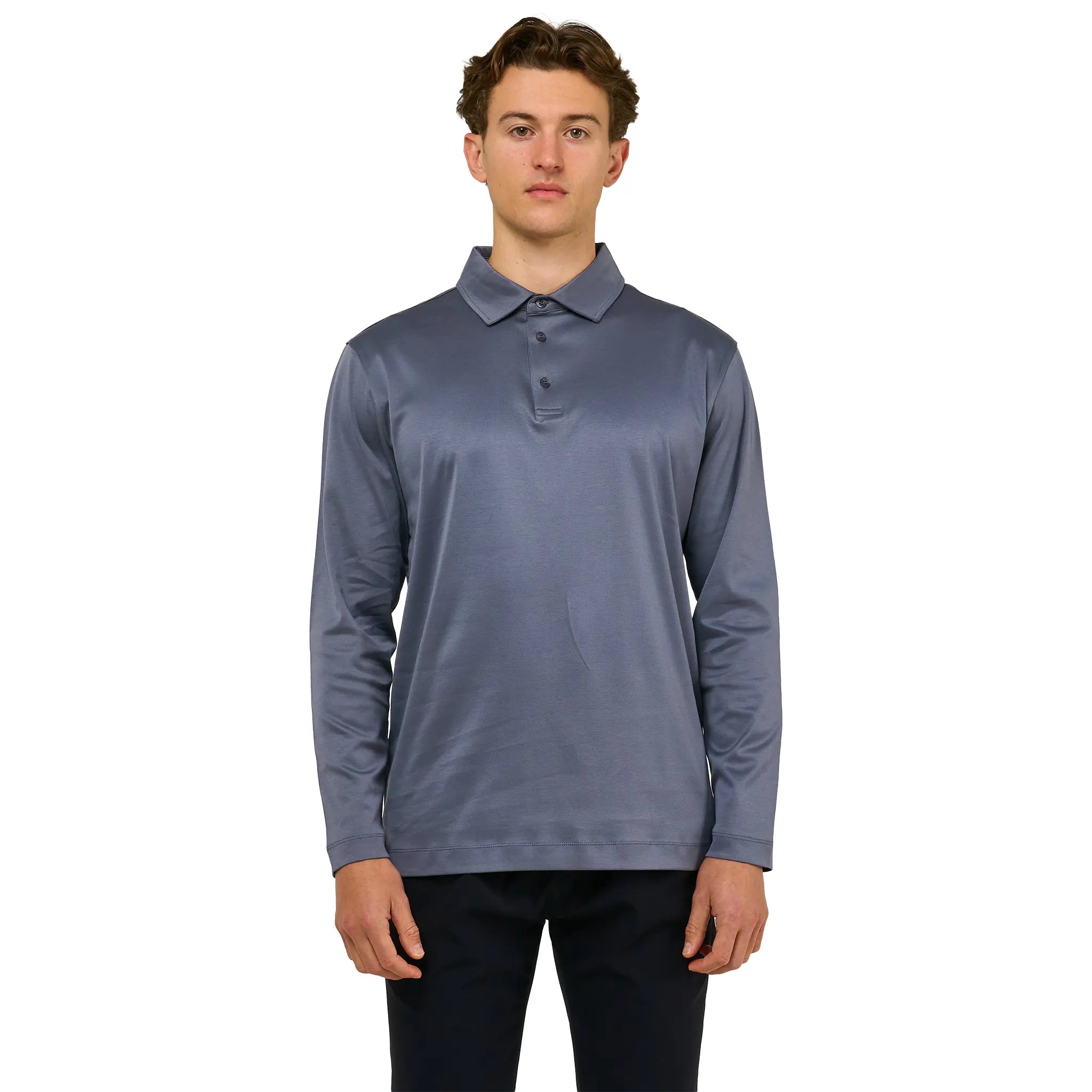 Front View of Loiano Egyptian Cotton L/S Steel Polo Shirt